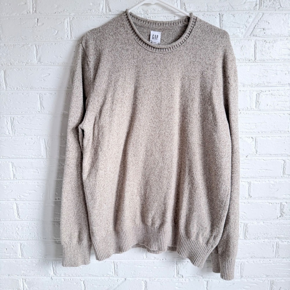 GAP Men's Crewneck Sweater Size L Speckled Beige Merino Wool Blend‎ Casual
